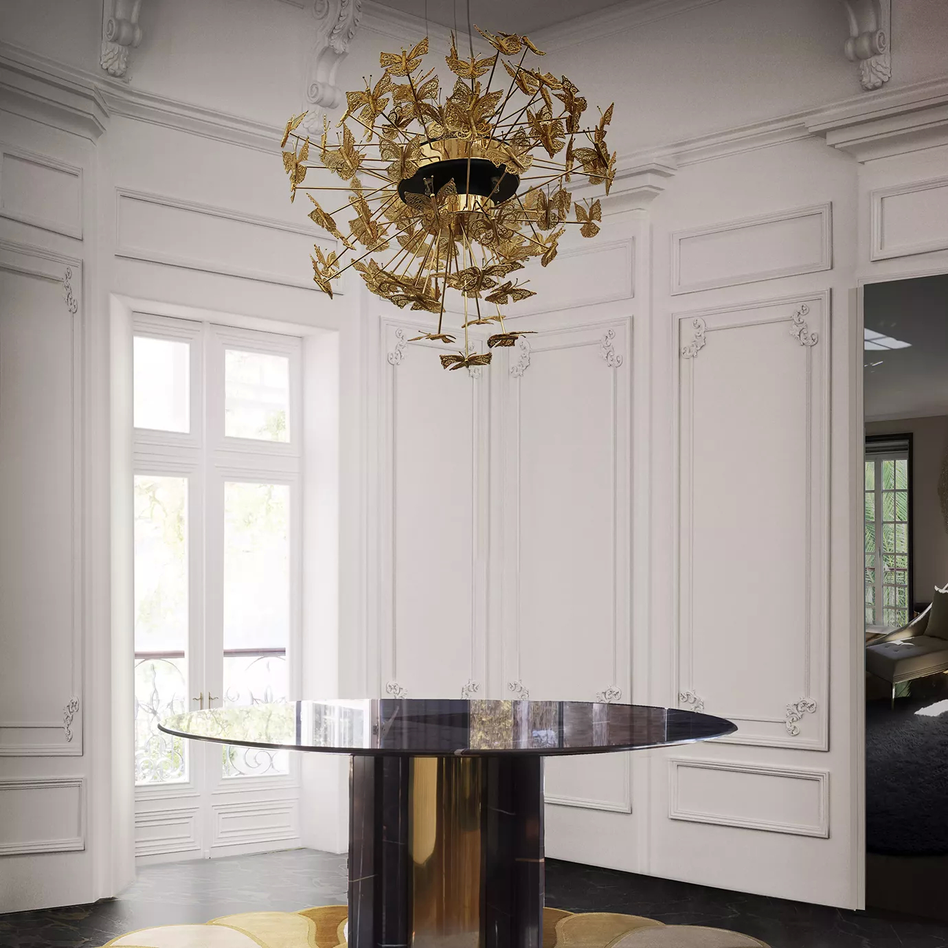 Entryway in neutral hues, with a glass top table in the center and a golden Nymph Chandelier above it. Inspired by butterflies, the chandelier features multiple representations of this delicate animal hovering in the air.