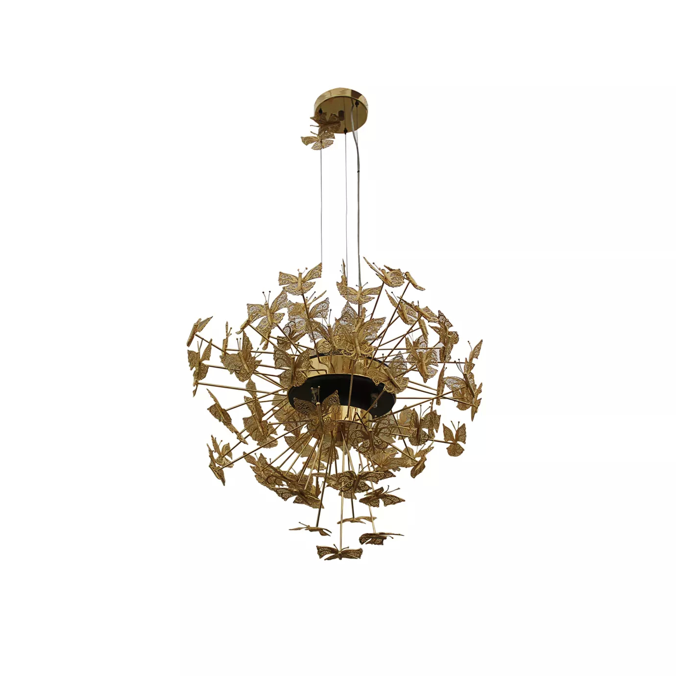 The Nymph Chandelier is inspired by butterflies, with multiple representations of this rare and beautiful animal in golden hues hovering in the air.
