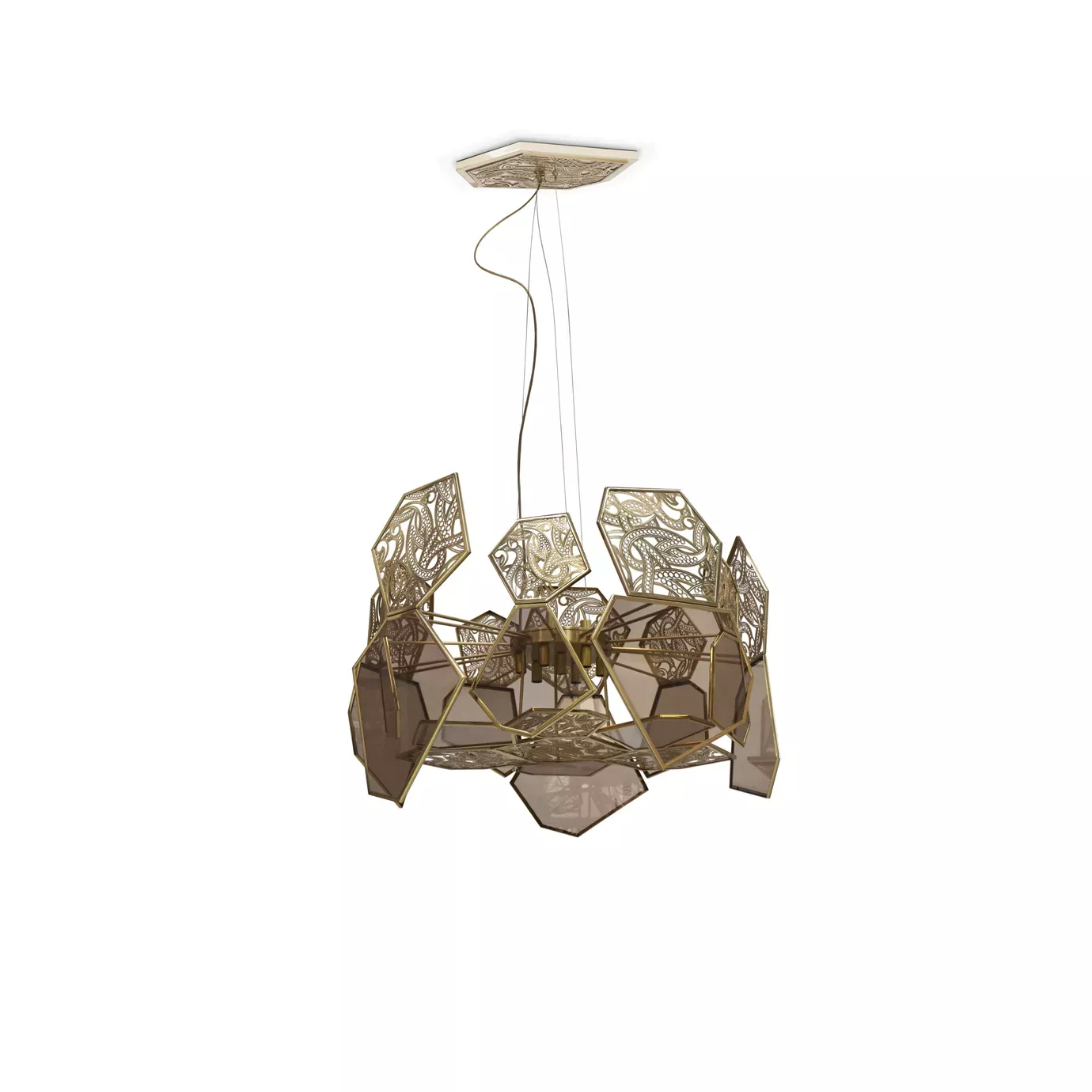 Elegant Hypnotic Bronze Glass Chandelier with a geometric design in golden tones and bronze glass details