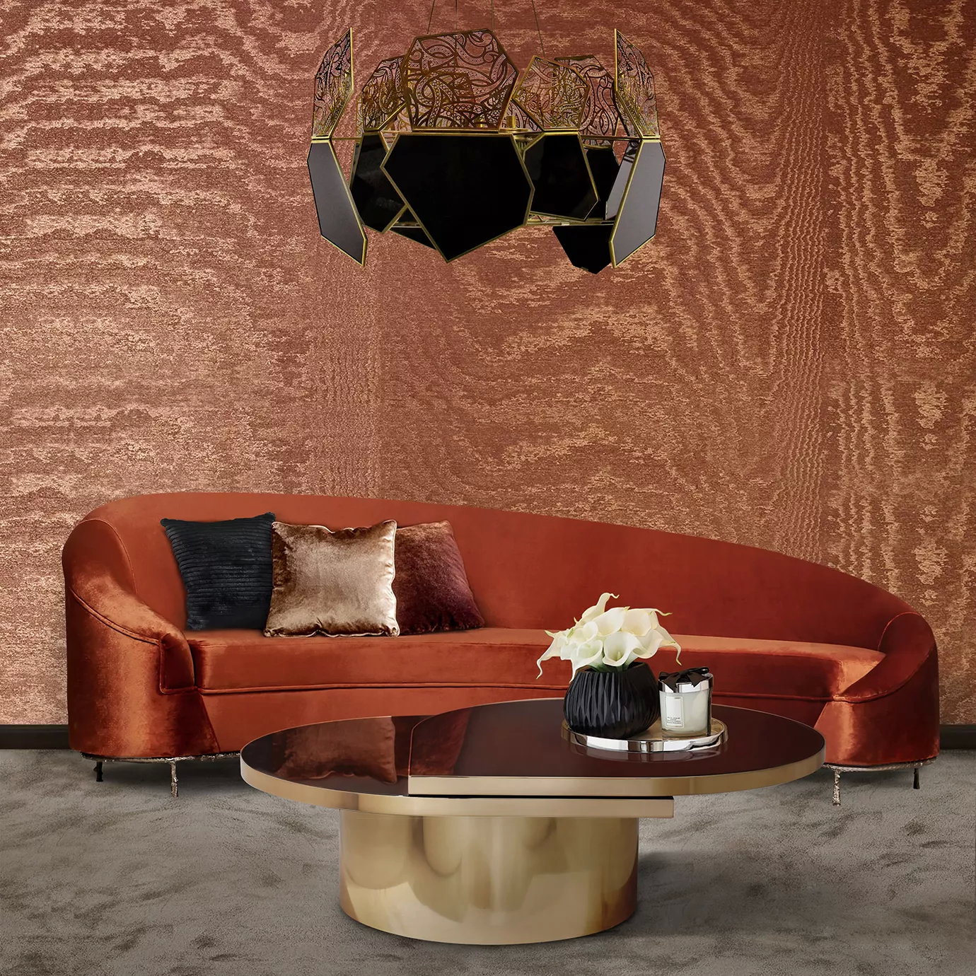 Elegant living room with a curved brick-colored velvet sofa with dark pillows, a modern coffee table with a bronze-toned top and golden base, under the Hypnotic Bronze Glass Chandelier.