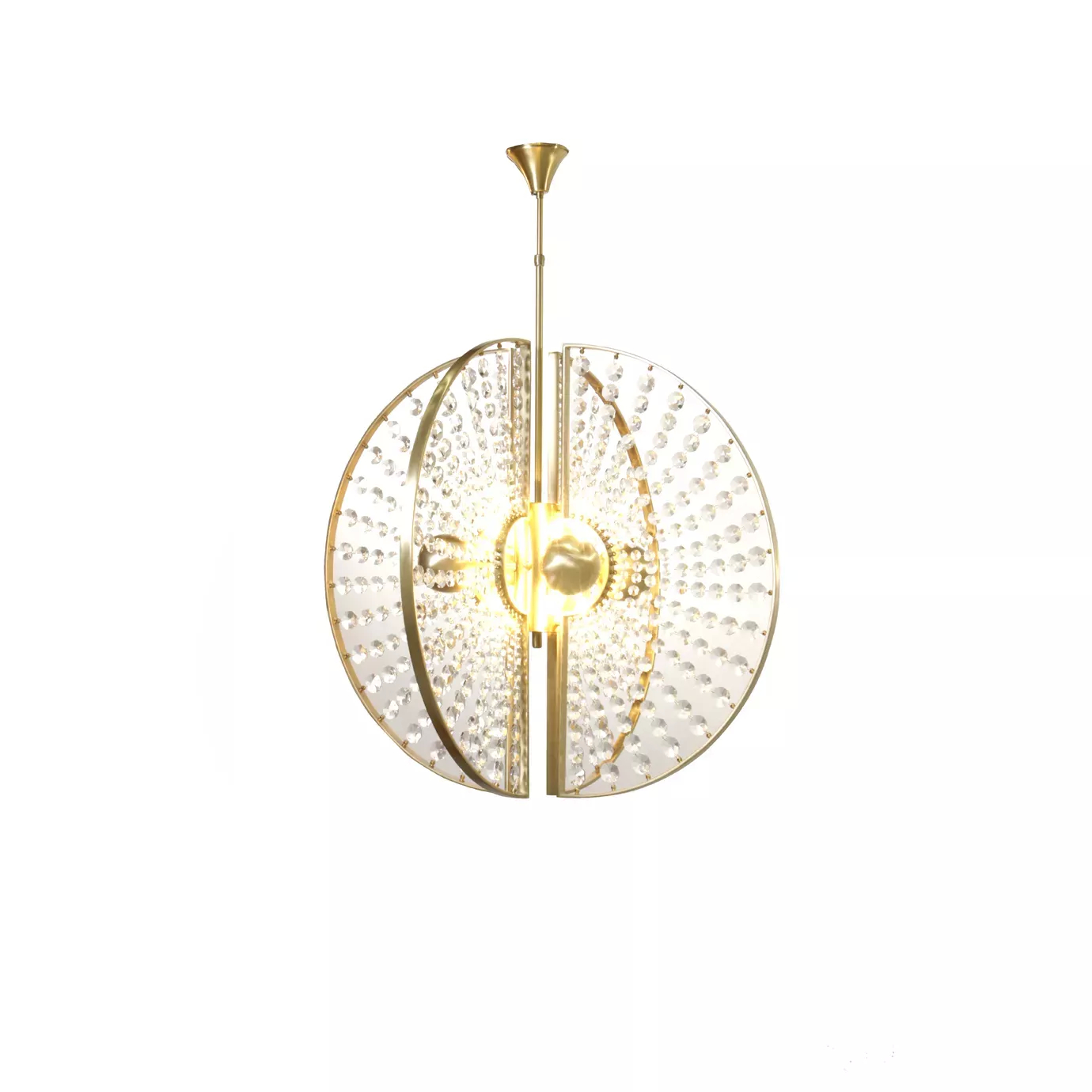 Roxy Chandelier by KOKET features four metal orbs wrapped in crystal sunbursts and a satin brass halo