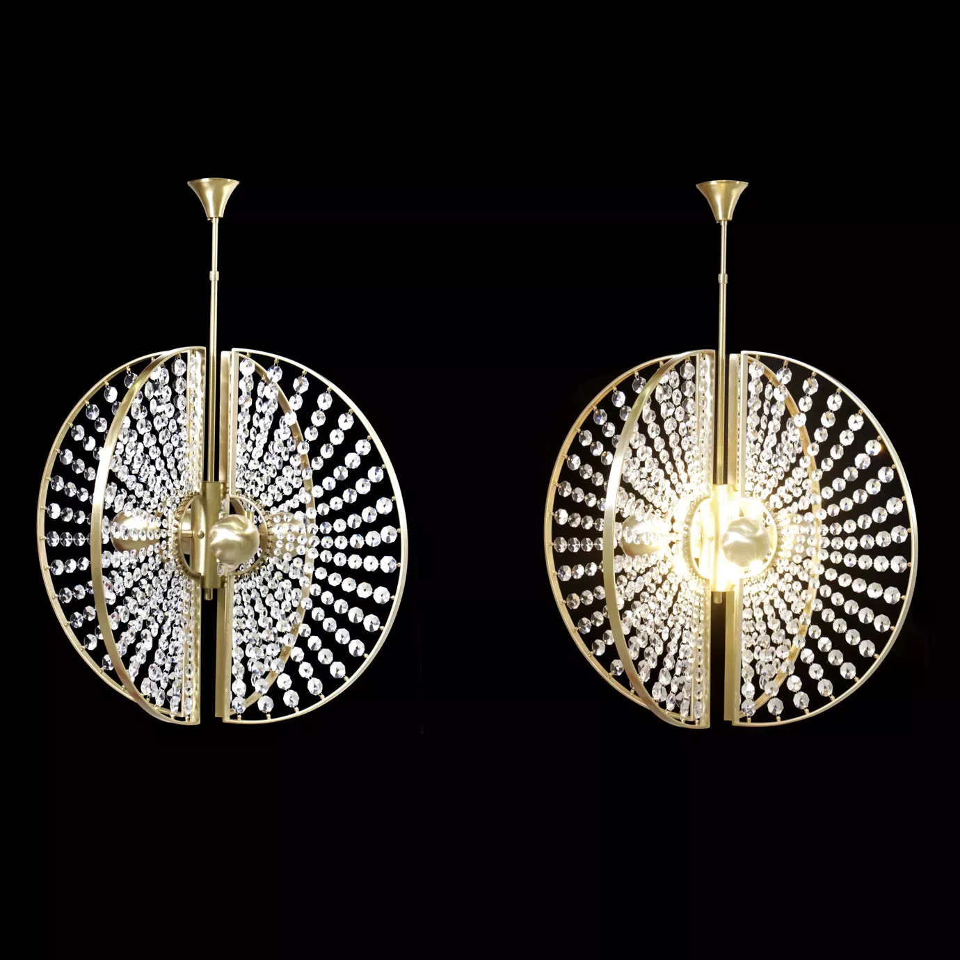 Roxy Chandelier by KOKET features four metal orbs wrapped in crystal sunbursts and a satin brass halo
