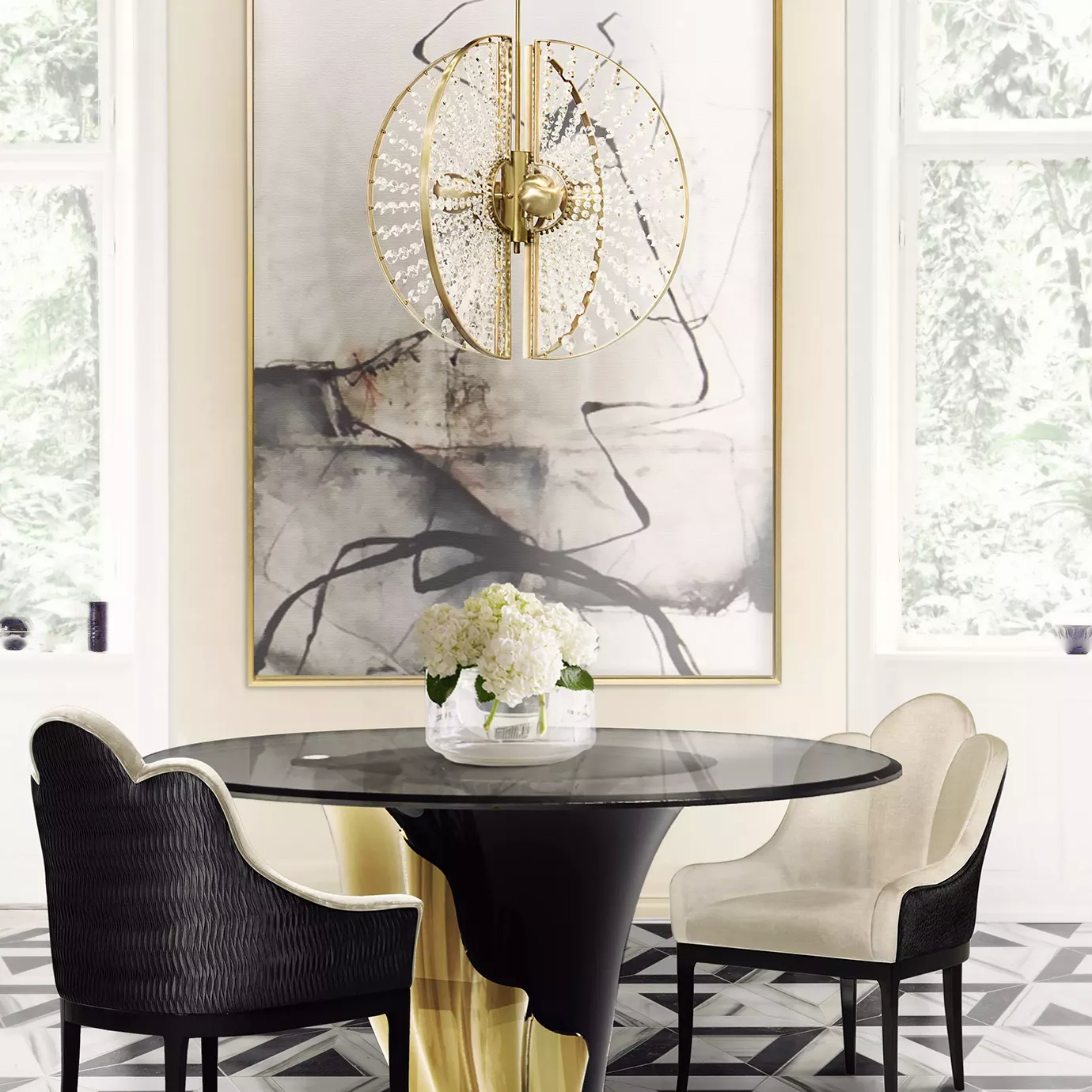 Sculptural chandelier with gold metal and crystal sunburst accents, suspended above a modern dining table—adds a luxurious focal point to the interior.