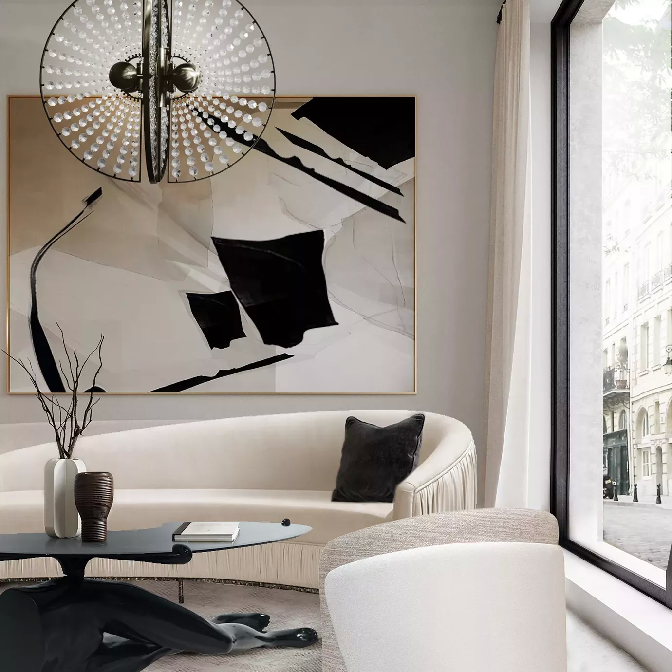 Modern chandelier with circular brass frame and radiating crystal elements, suspended above a curved sofa—adds sculptural brilliance to a refined living space.