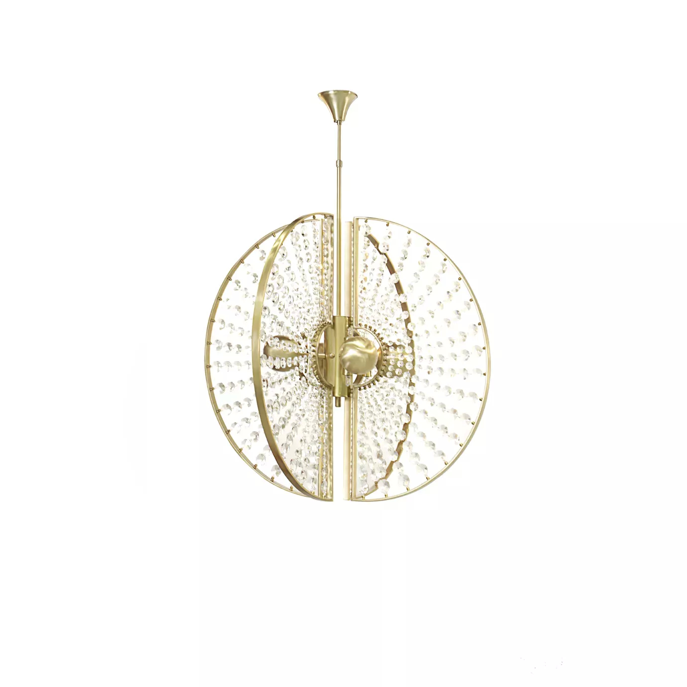 Roxy Chandelier by KOKET features four metal orbs wrapped in crystal sunbursts and a satin brass halo