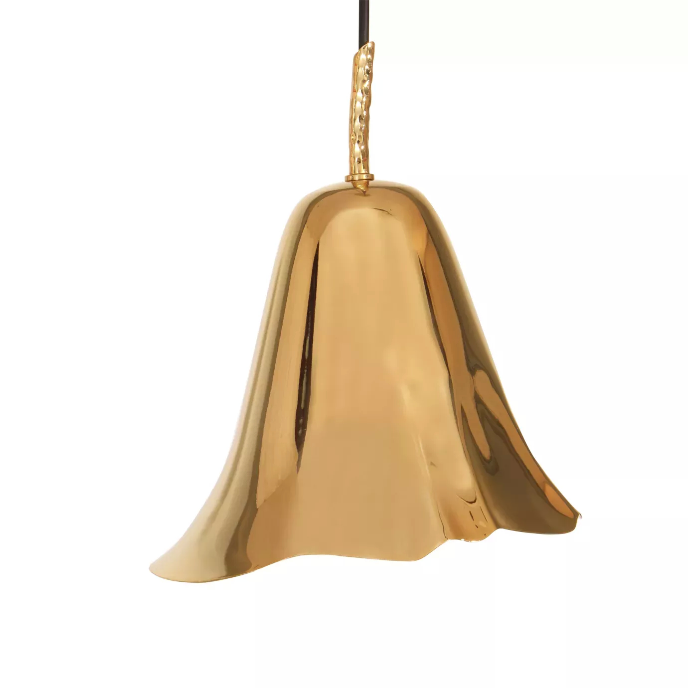 Elegant close-up of the golden flower-shaped piece detail of the Gia Pendant, connected to the black wire with a textured golden accent.