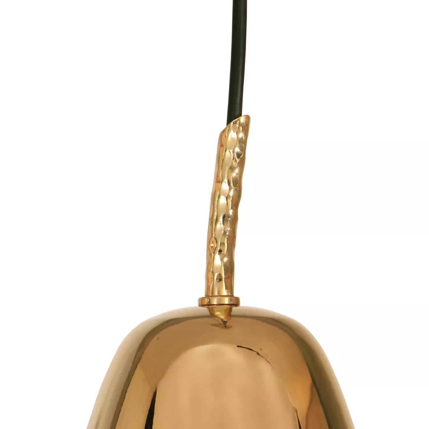 Elegant close-up of the golden flower-shaped piece detail of the Gia Pendant, connected to the black wire with a textured golden accent.