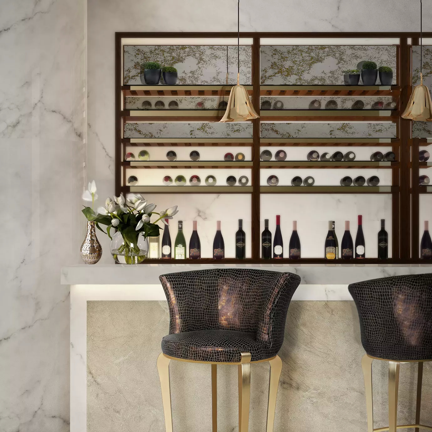 Elegant bar area with a light-toned countertop, two bar stools upholstered in a dark textured pattern with golden details, and two golden Gia Pendants suspended above the counter in front of an illuminated wine rack.