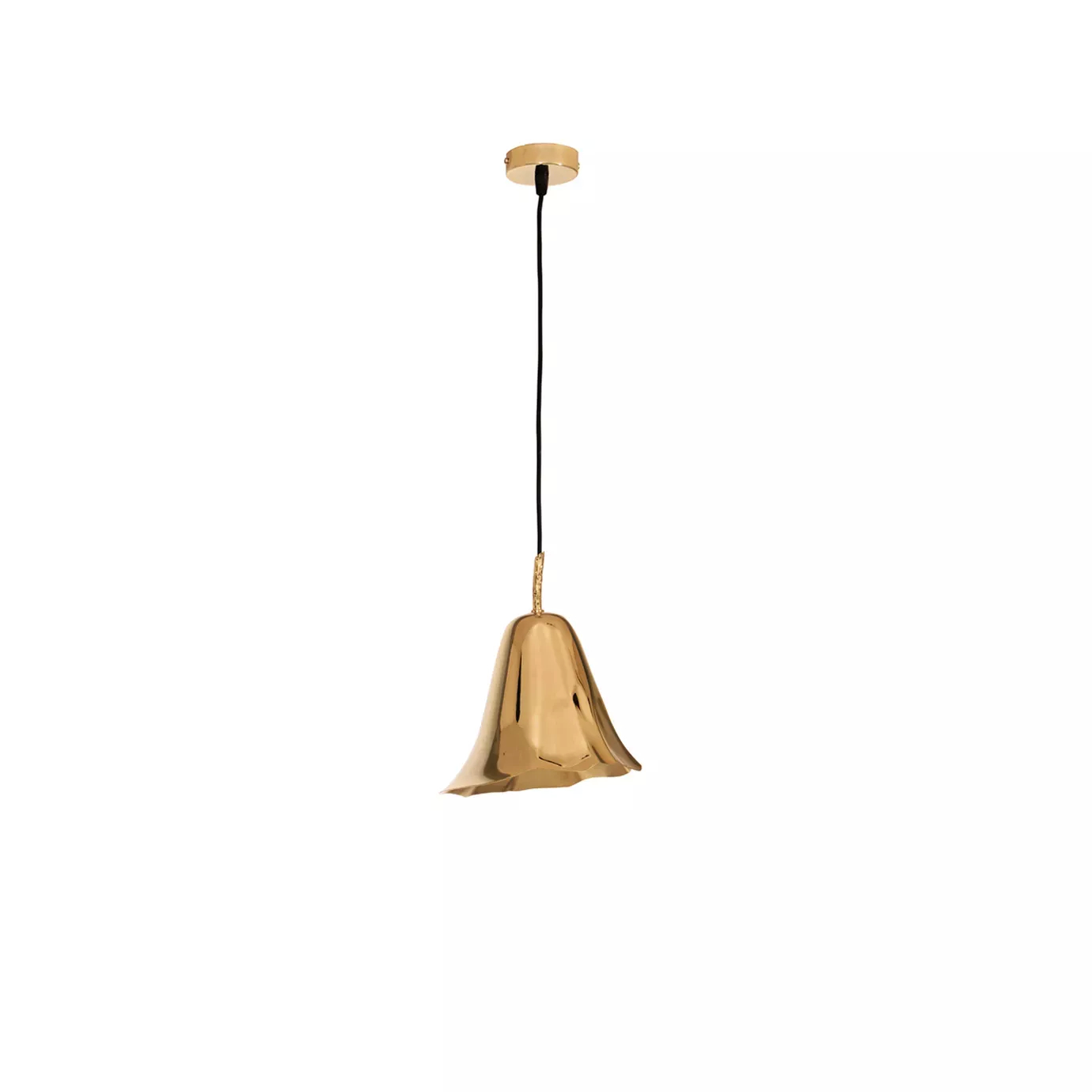 Elegant Gia Pendant with a sculptural floral design in a golden tone, suspended by a black wire with golden details.