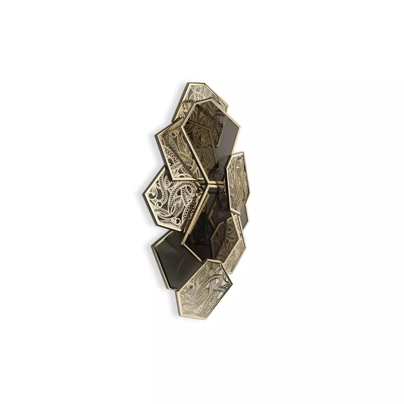 Elegant Hypnotic Sconce with a geometric design in golden tones and bronze glass details featuring intricate patterns.