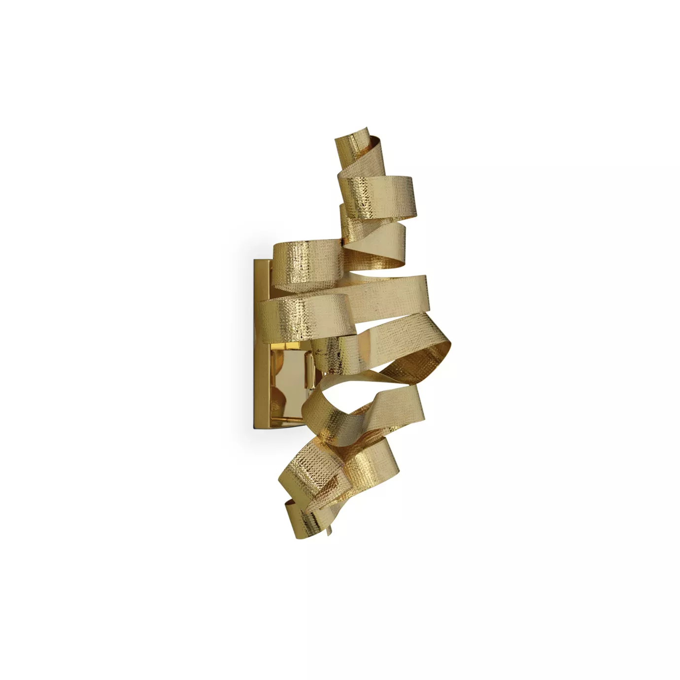 Elegant side view of Chloe Sconce with a sculptural design of wavy ribbons in a textured golden tone.