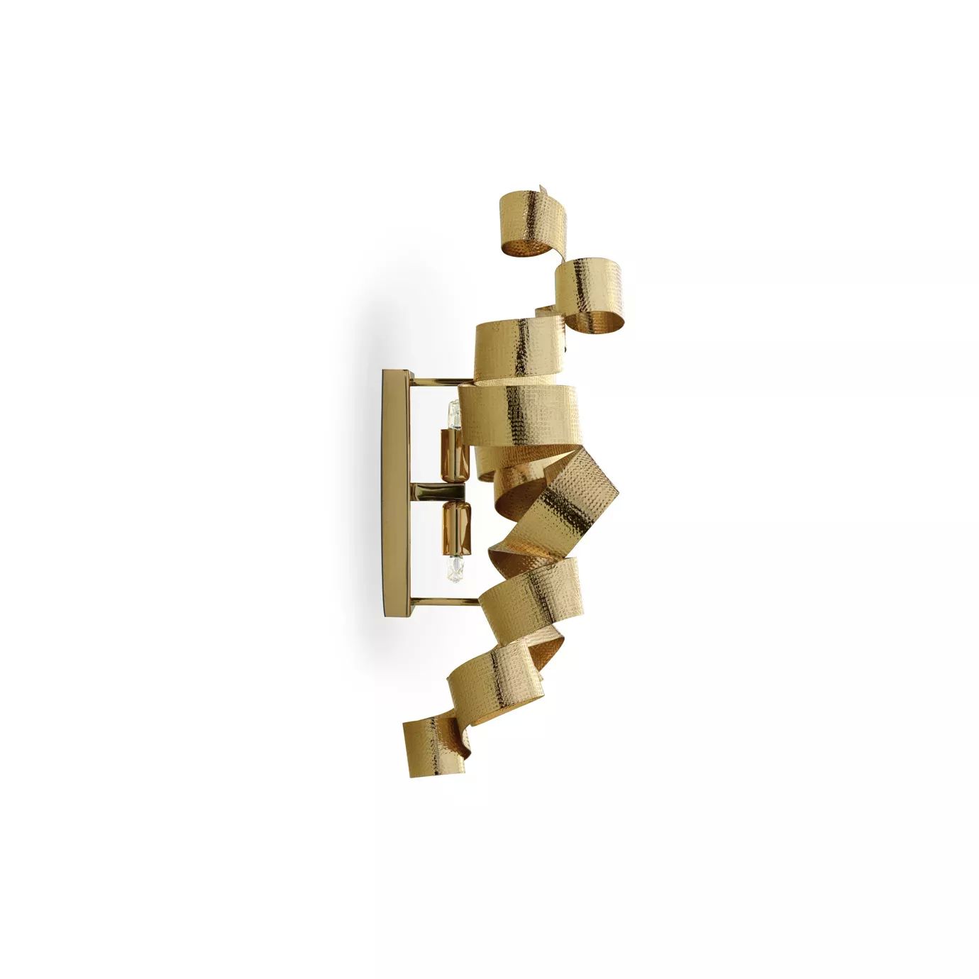 Elegant side view of Chloe Sconce with a sculptural design of wavy ribbons in a textured golden tone.