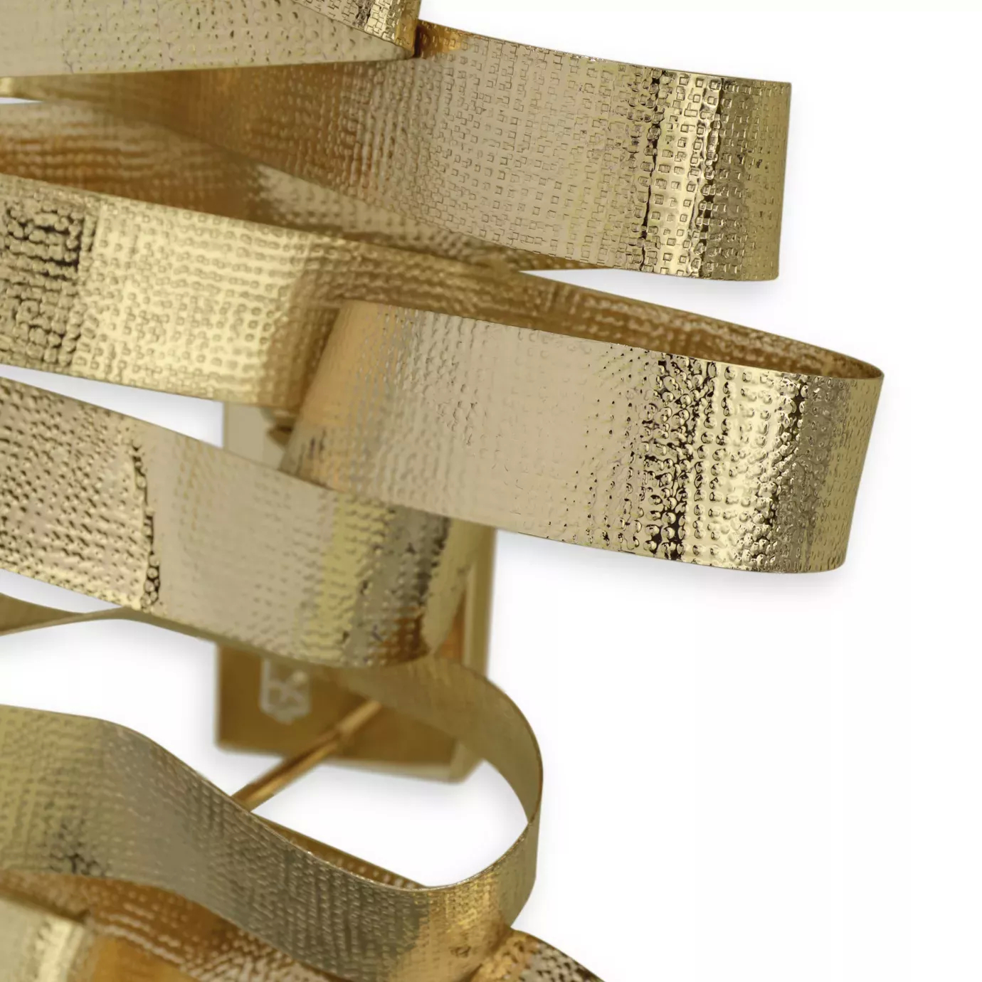 Elegant close-up of the textured golden wavy ribbons detail of the Chloe Sconce.