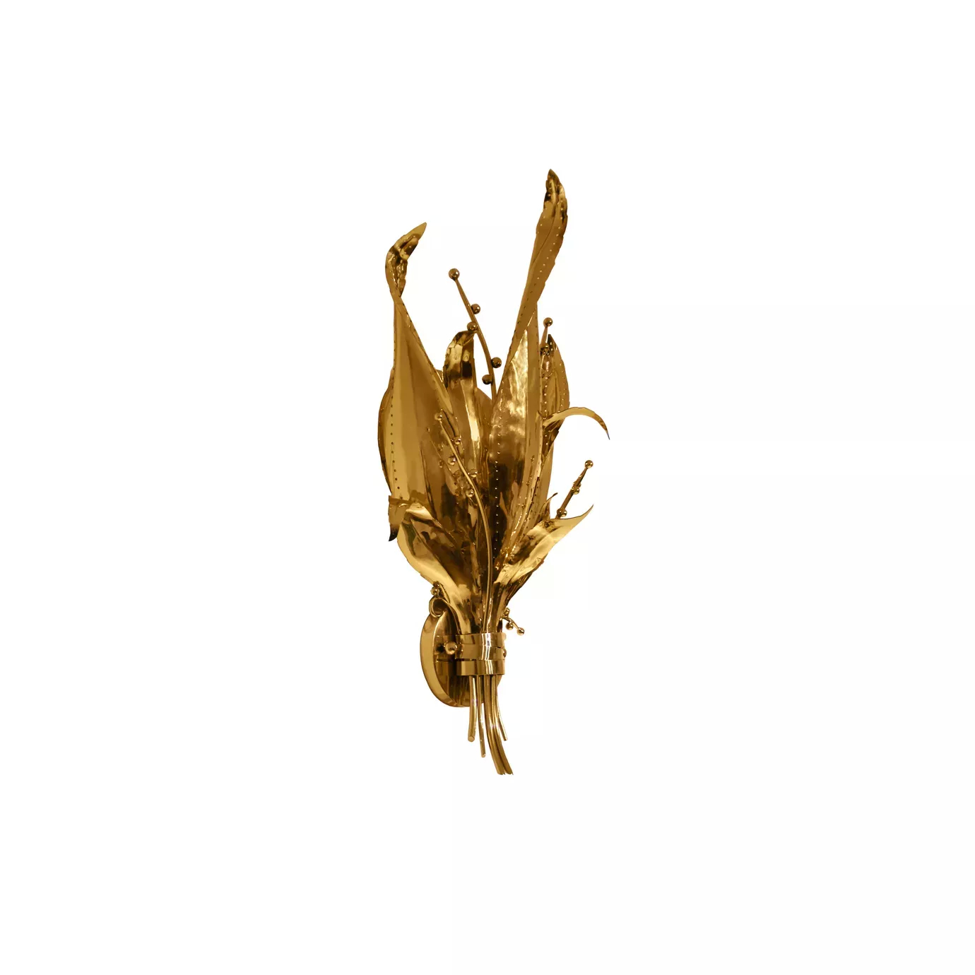 Elegant 45 degree view of Botanica Sconce with a sculptural design in the form of an elegant arrangement of golden leaves and stems.