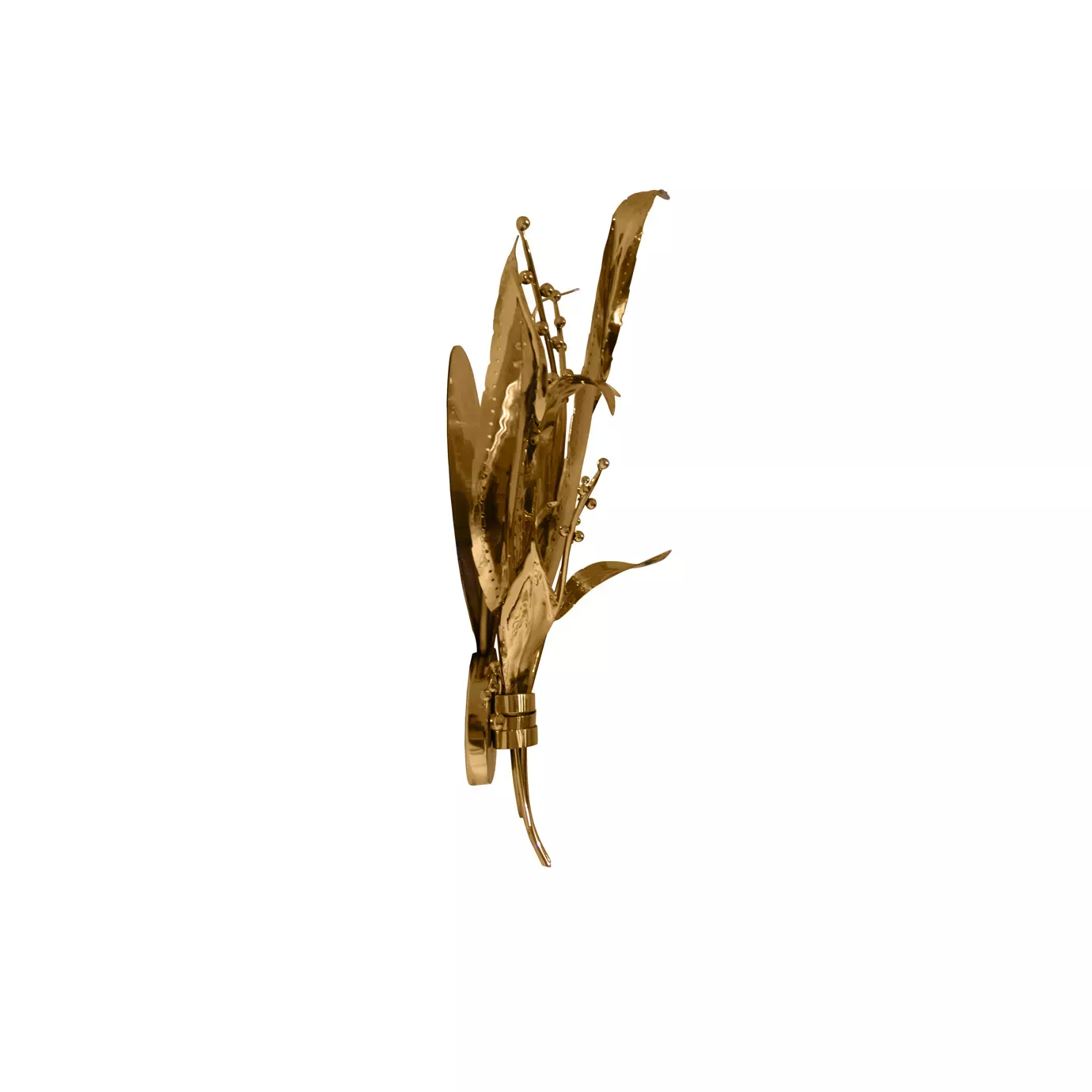 Elegant side view of Botanica Sconce with a sculptural design in the form of an elegant arrangement of golden leaves and stems.