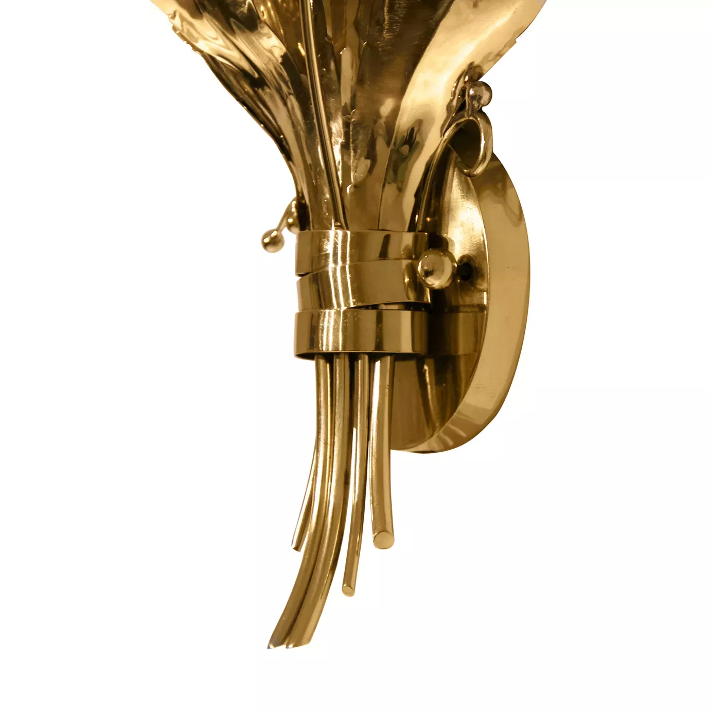 Elegant close-up of the golden circular base detail and the gathered golden stems of the Botanica Sconce.