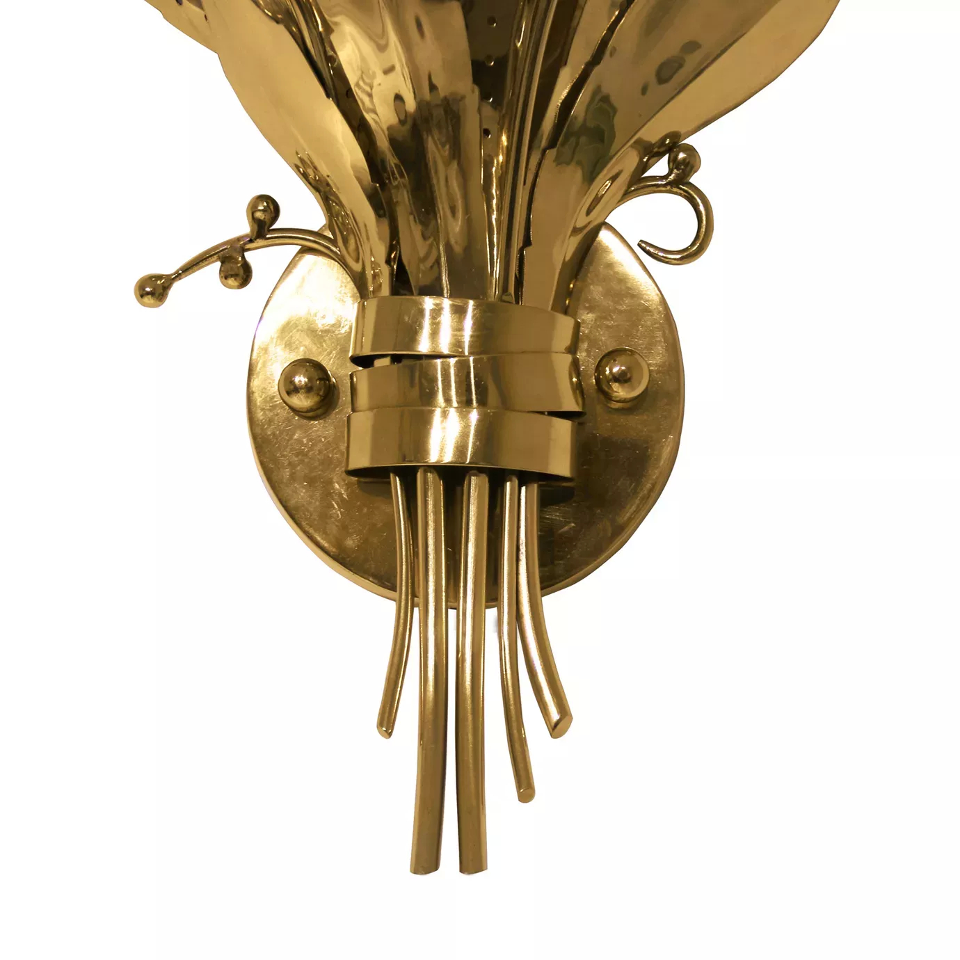 Elegant close-up of the golden circular base detail and the golden stems extending downwards from the Botanica Sconce.