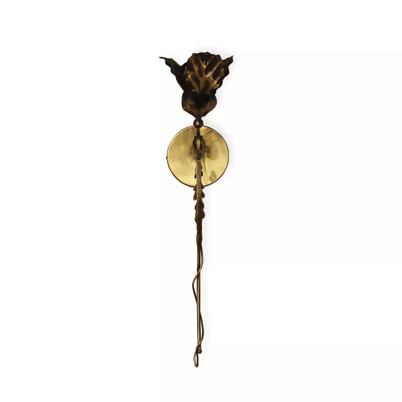 Elegant front view of Flora Sconce with a sculptural design in the shape of a leaf and a sinuous stem in a golden tone.
