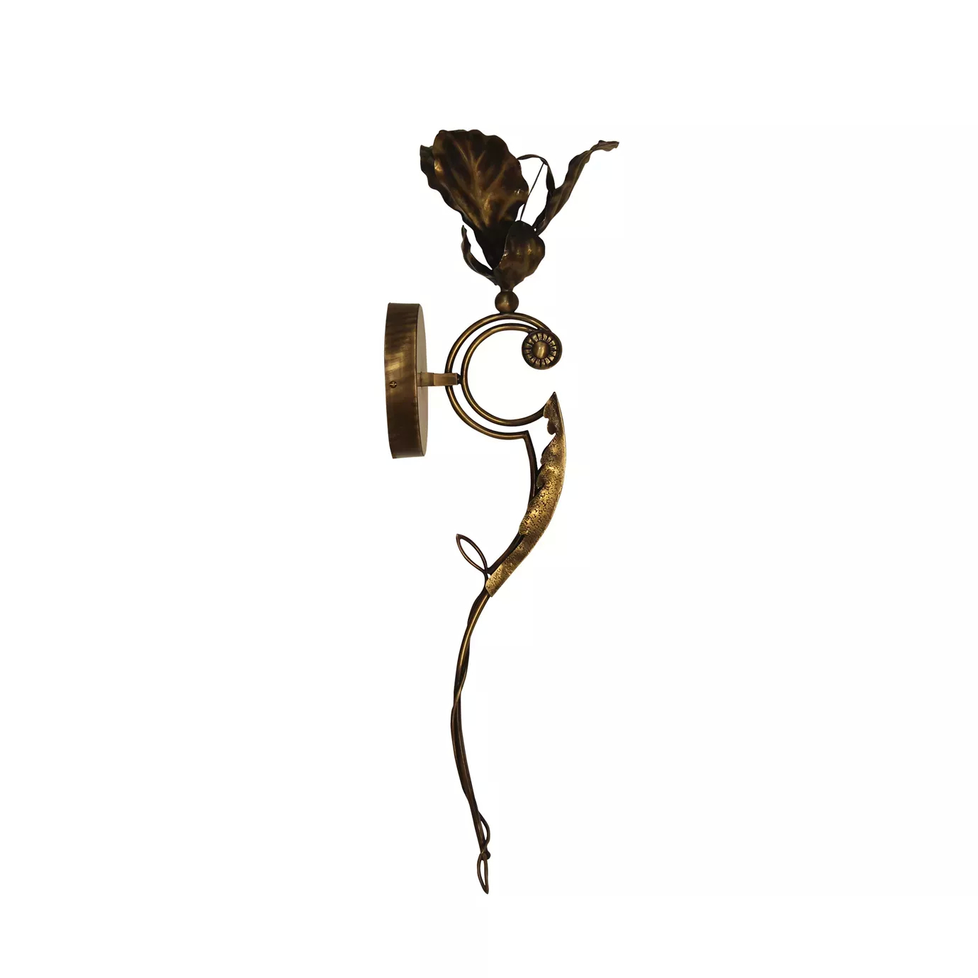 Elegant side view of Flora Sconce with a sculptural design in the shape of a leaf and a sinuous stem in a golden tone.