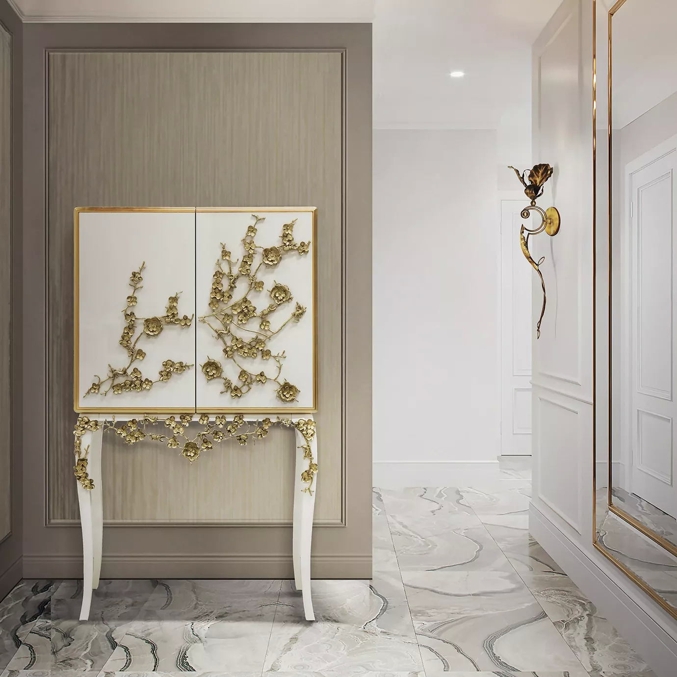 Elegant entryway with the white Spellbound Lacquer Bar featuring golden floral details, and a sculptural golden Flora Sconce on the light wall of the adjacent hallway with a grey and white marble floor.