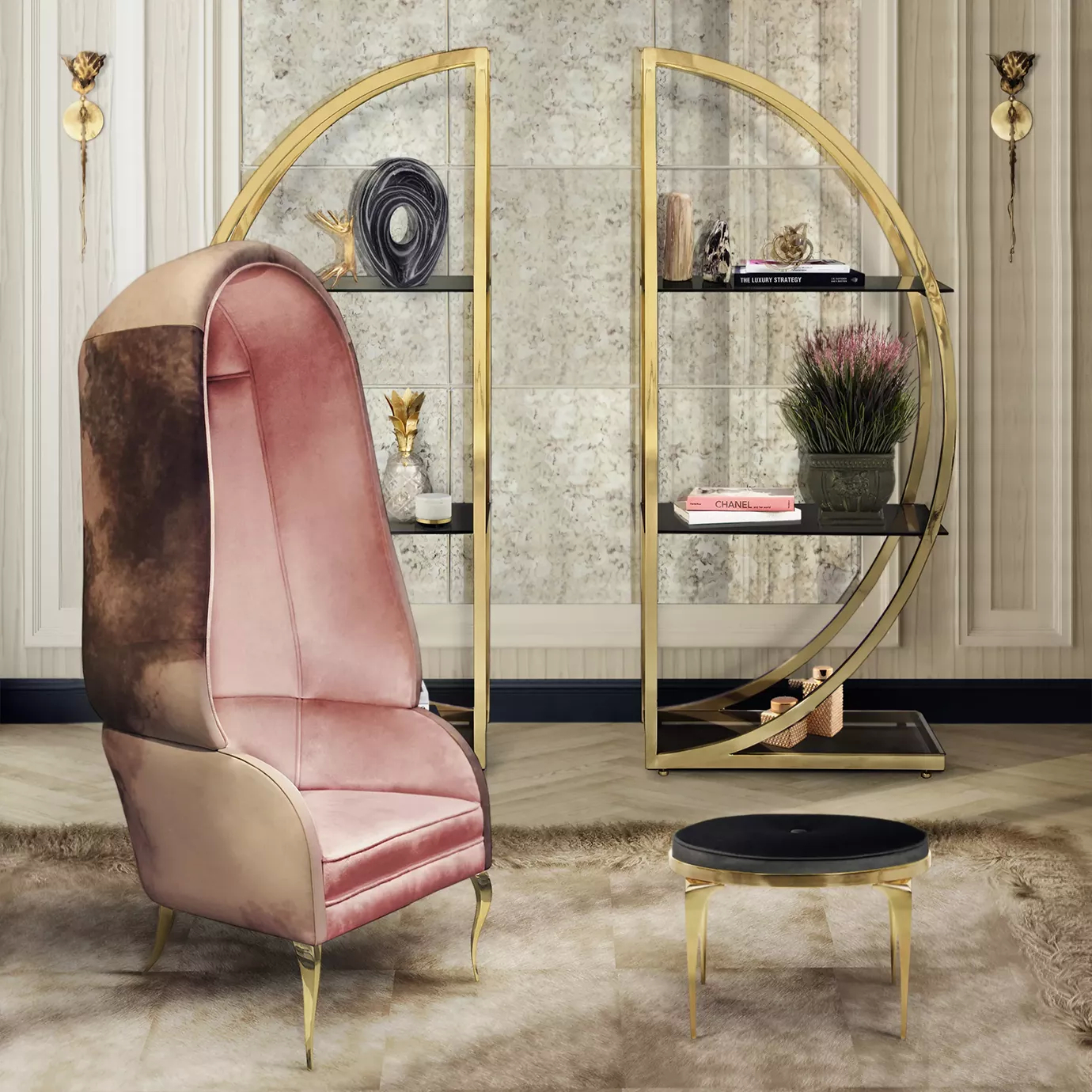Elegant corner with a high-back armchair upholstered in pink and brown velvet with golden legs, a golden semicircular bookshelf with glass shelves and decorative objects, a round black side table with golden details, and two sculptural golden Flora Sconces on the mirrored panel wall.
