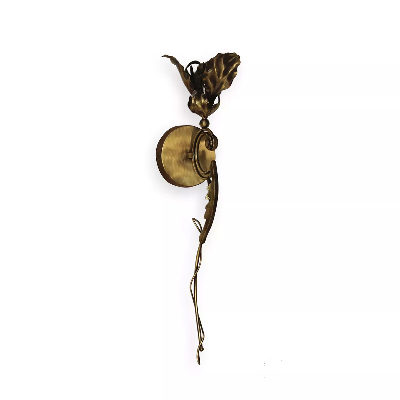 Elegant Flora Sconce with a sculptural design in the shape of a leaf and a sinuous stem in a golden tone.