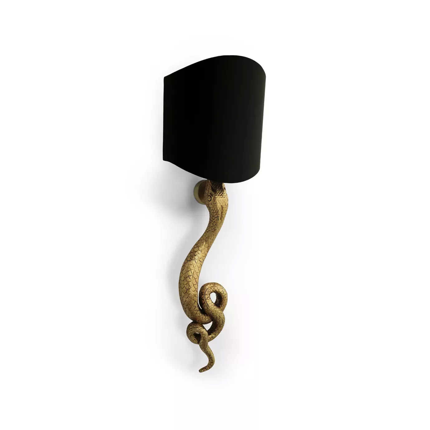 Elegant 45 degree view of Serpentine Sconce with a sculptural design of a sinuous golden serpent holding a black lampshade.