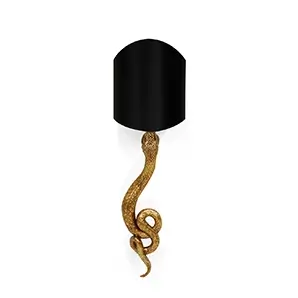 Elegant Serpentine Sconce with a sculptural design of a sinuous golden serpent holding a black lampshade.