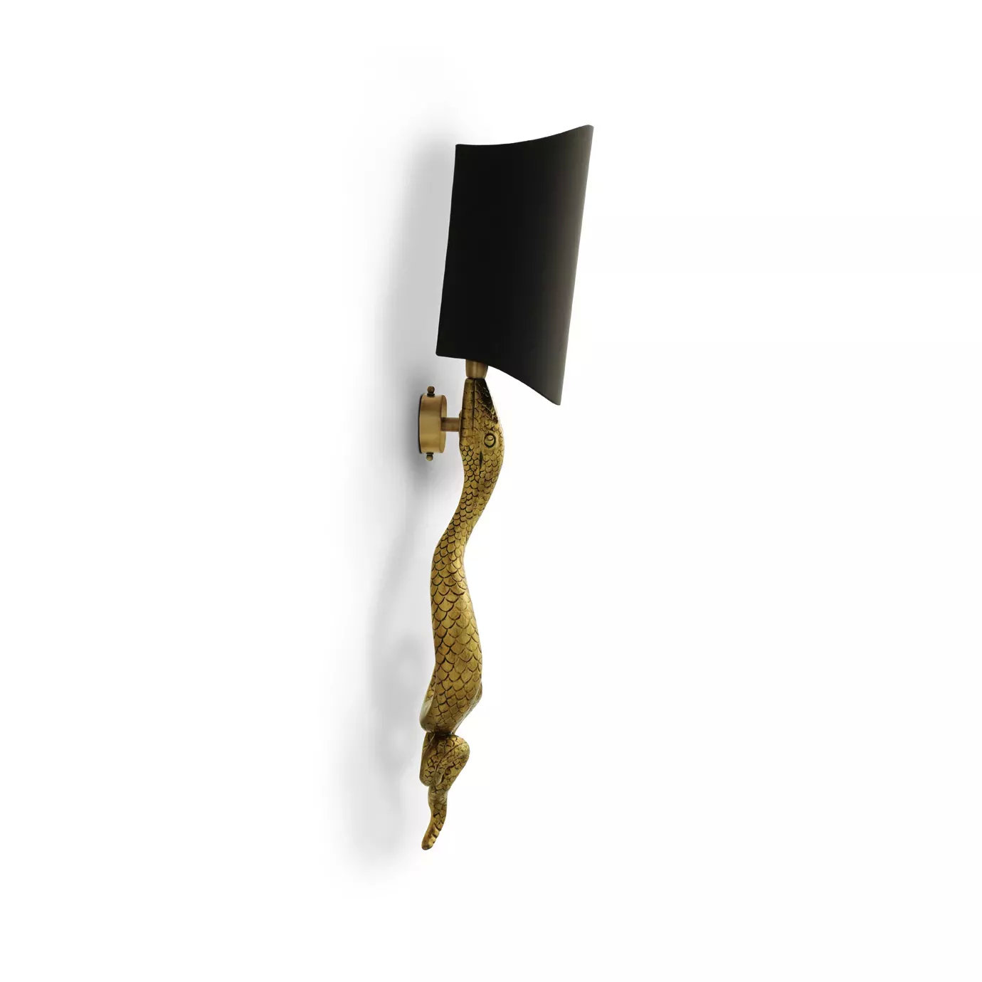 Elegant side view of Serpentine Sconce with a sculptural design of a sinuous golden serpent holding a black lampshade.