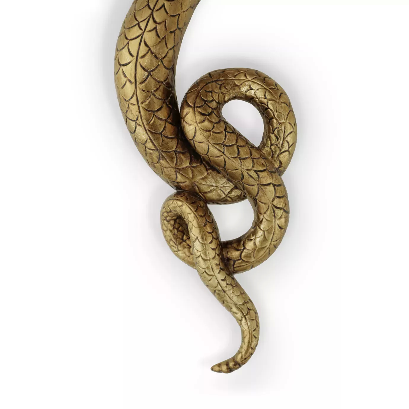 Elegant close-up of the scaly texture detail and sinuous curves of the golden serpent-shaped base of the Serpentine Sconce.