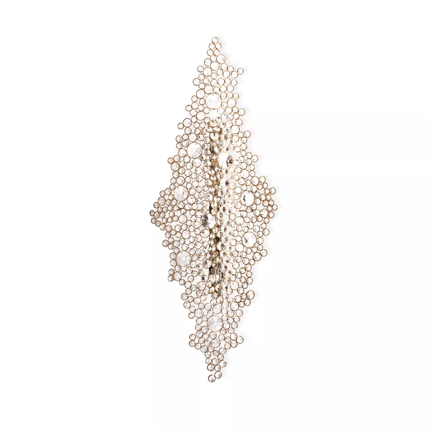 Elegant Eternity Sculpture with a vertical sculptural design adorned with numerous clear crystals of varying sizes on a golden frame.