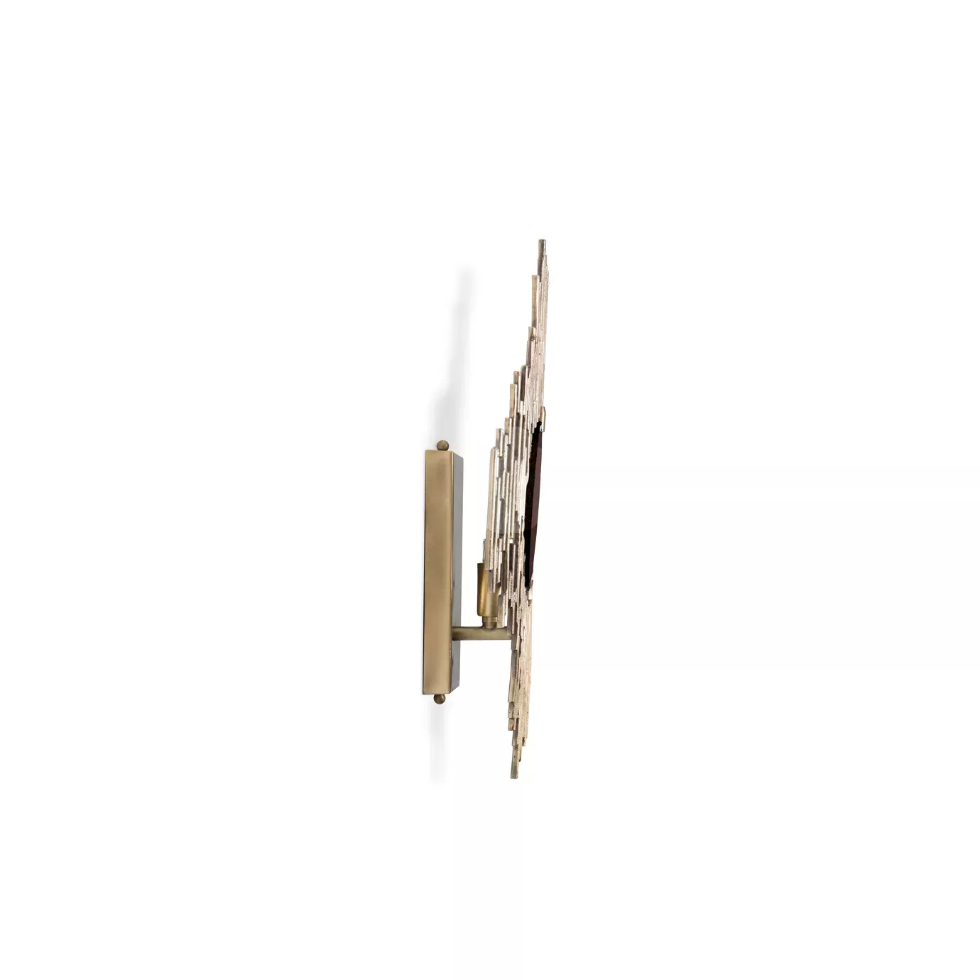 Elegant side view of Vivre Sconce with a sculptural design in golden tones and a dark, shiny oval central element.