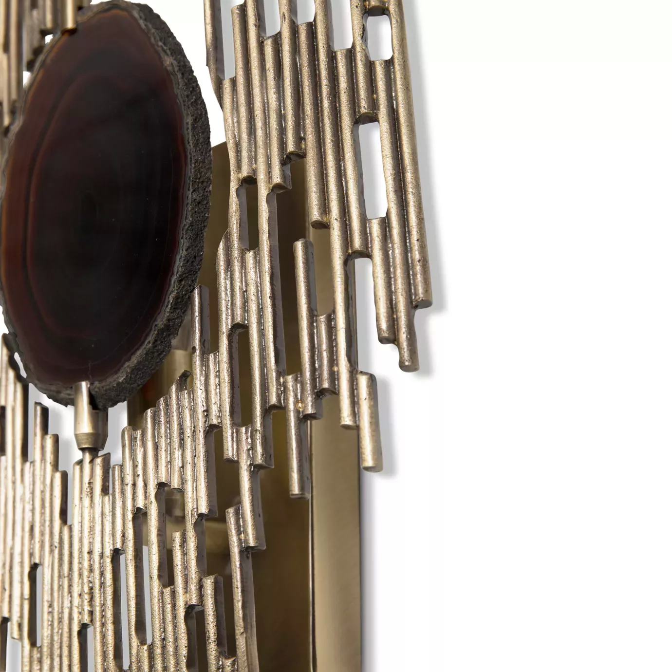 Elegant close-up of the dark agate slice detail and the textured golden-toned metallic structure of the Vivre Sconce.