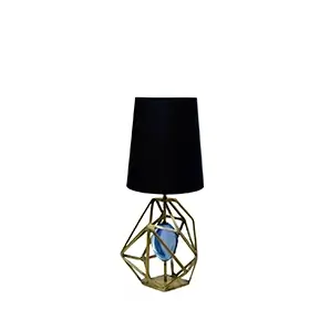 Elegant Gem Table Lamp with a sculptural geometric golden base enclosing a blue glass element and a black lampshade.