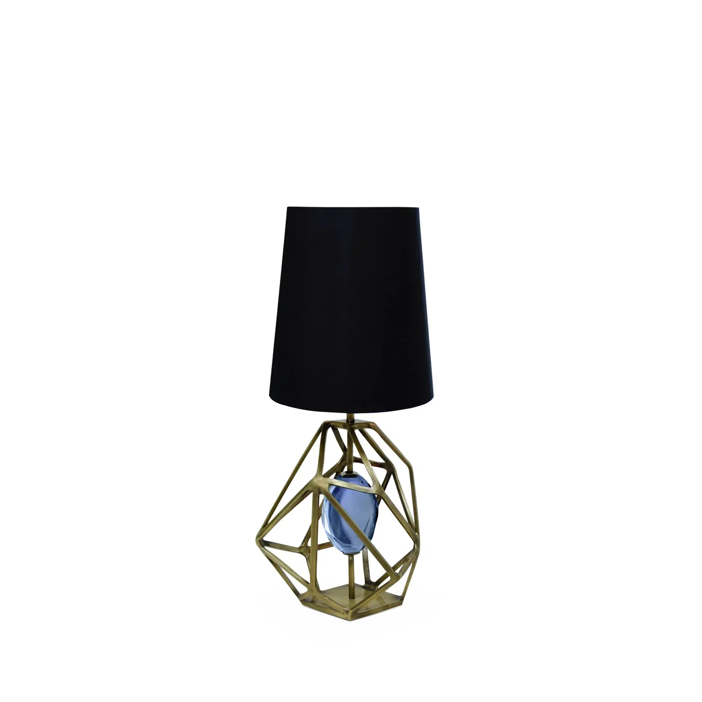 Elegant Gem Table Lamp with a sculptural geometric golden base enclosing a blue glass element and a black lampshade.