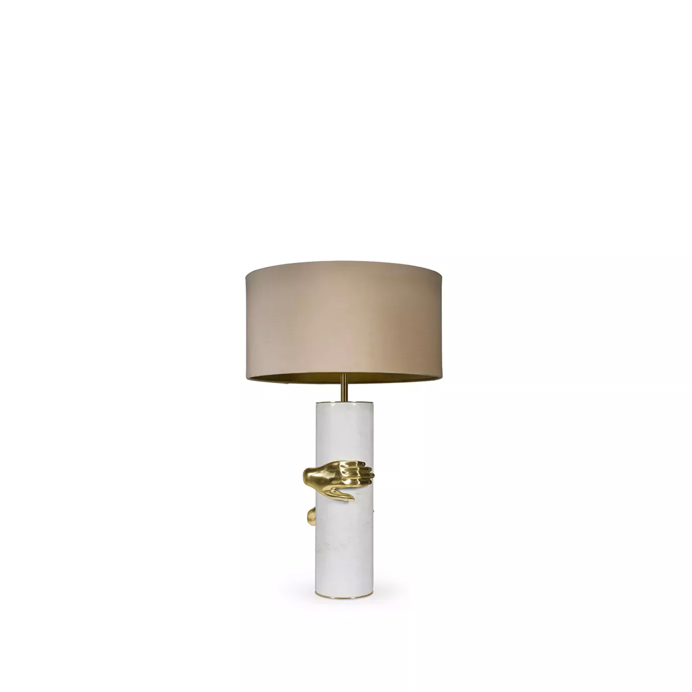 Elegant Vengeance Table Lamp with a white cylindrical base adorned with sculptural golden hand details gripping it, and a beige lampshade.