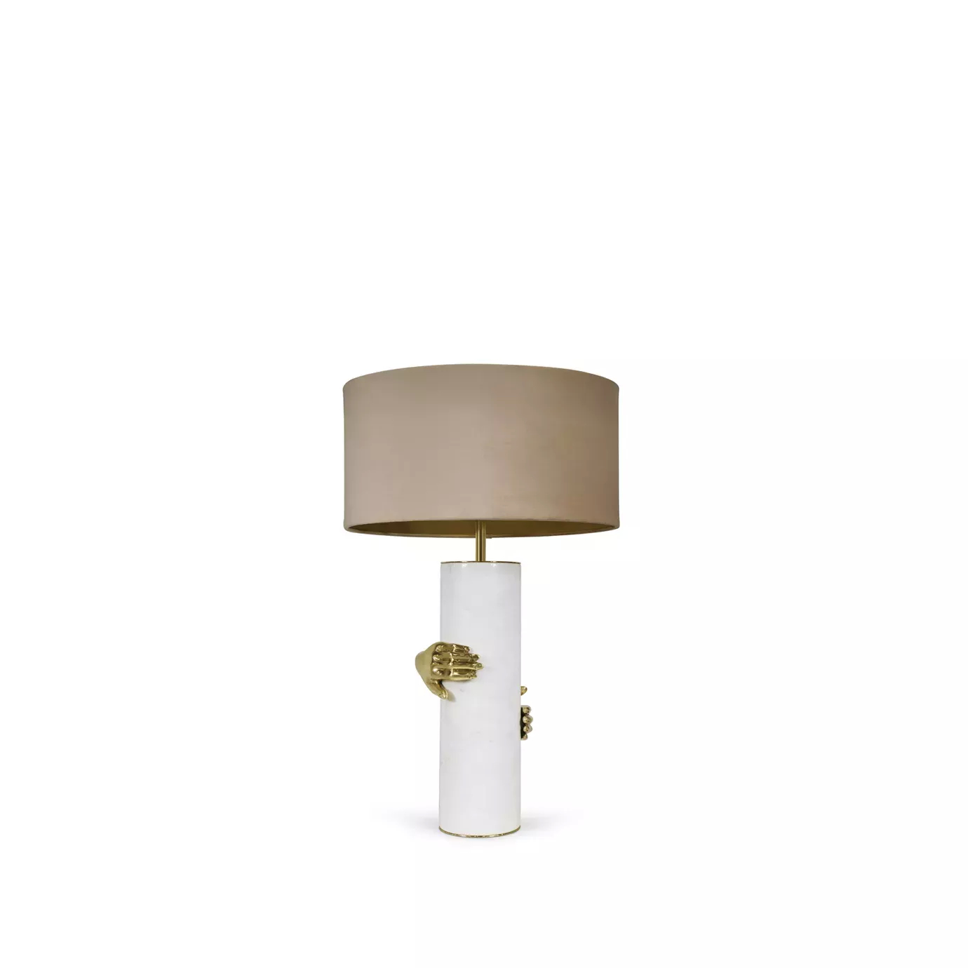 Elegant Vengeance Table Lamp with a white cylindrical base adorned with sculptural golden hand details gripping it, and a beige lampshade.