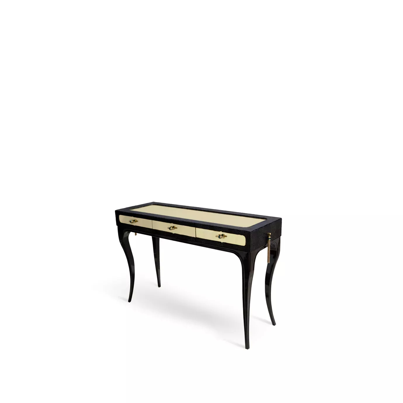 Elegant Exotica Dressing Table with light top, black drawers, and golden details