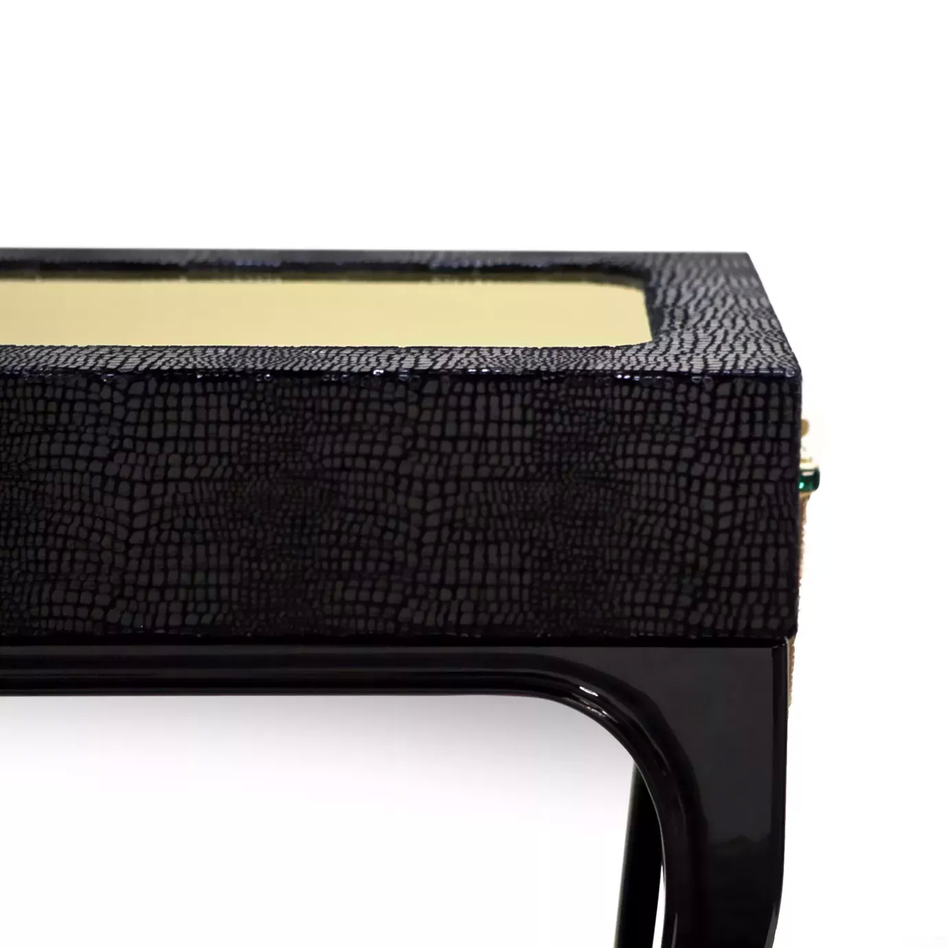 Elegant detail of the textured top and glossy frame of the Exotica Dressing Table.