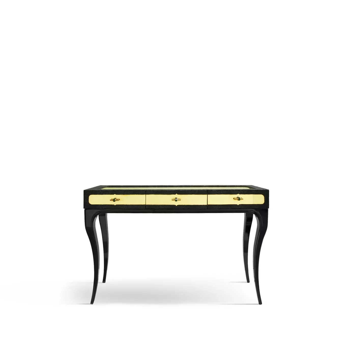 Elegant black Exotica Dressing Table with golden details and drawers.
