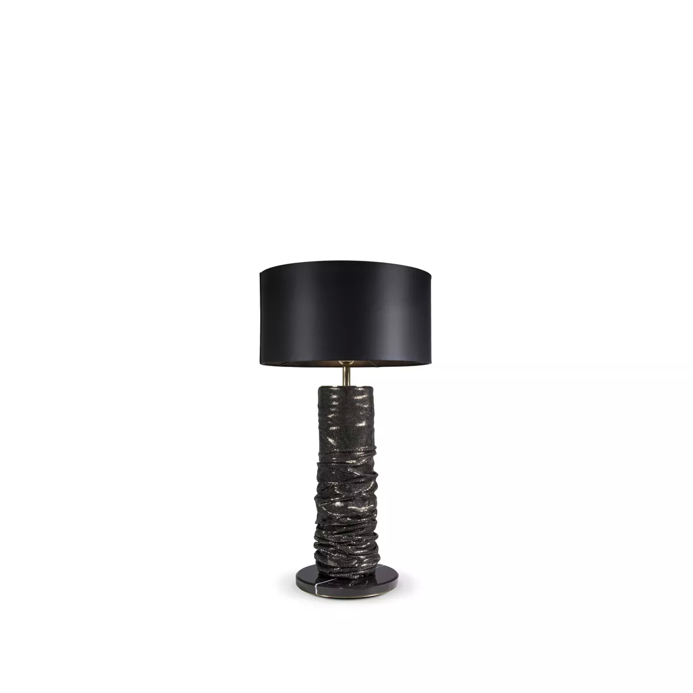 Elegant Ruchê Table Lamp with a textured sculptural base in shades of brown and gold, and a black lampshade.