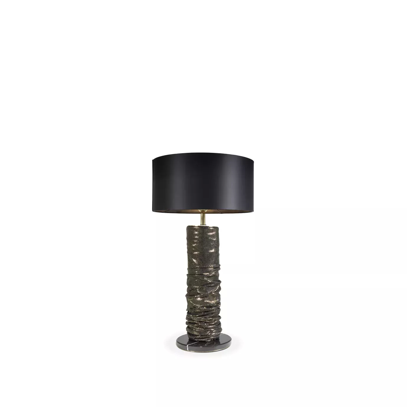 Elegant Ruchê Table Lamp with a textured sculptural base in shades of brown and gold, and a black lampshade.