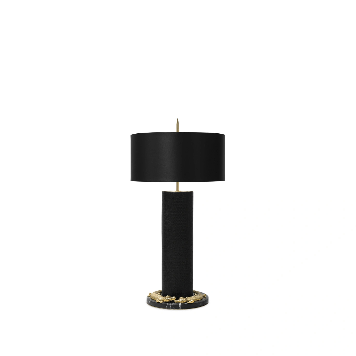 Elegant Reptilian Table Lamp with a textured black cylindrical base featuring sculptural golden details at the bottom and top, and a black lampshade.