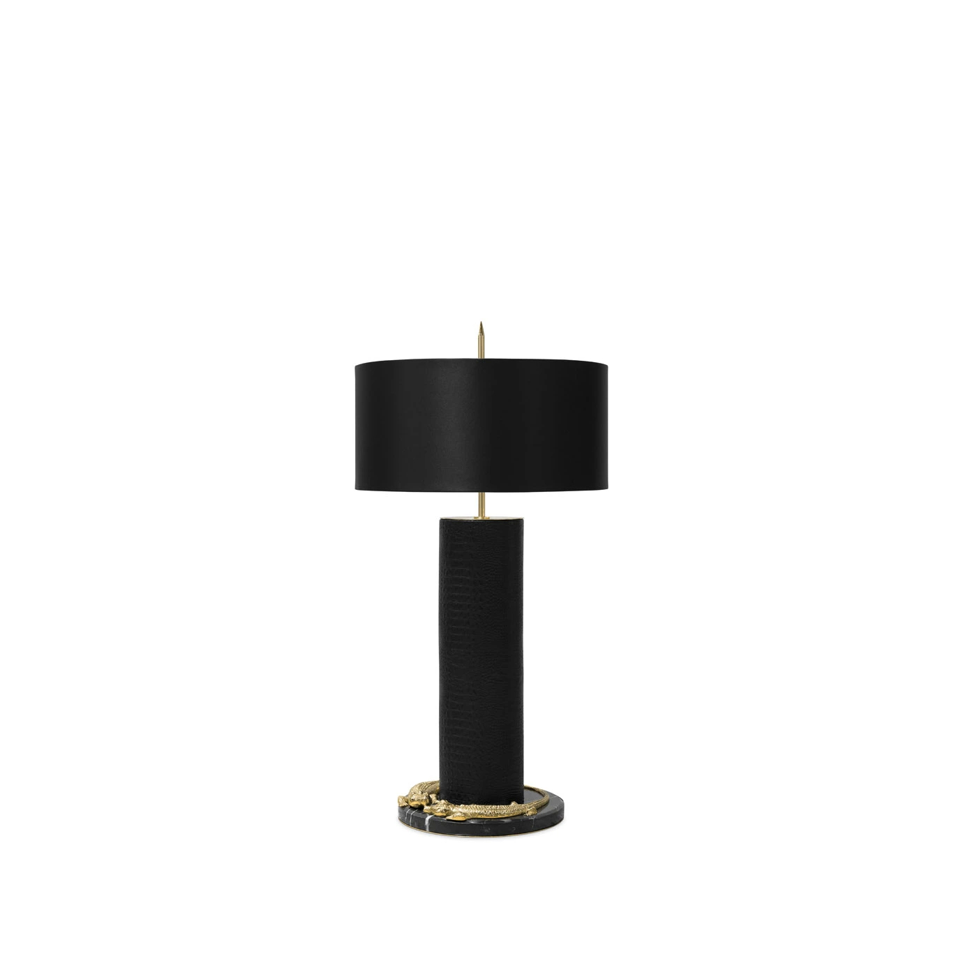 Elegant Reptilian Table Lamp with a textured black cylindrical base featuring sculptural golden details at the bottom and top, and a black lampshade.