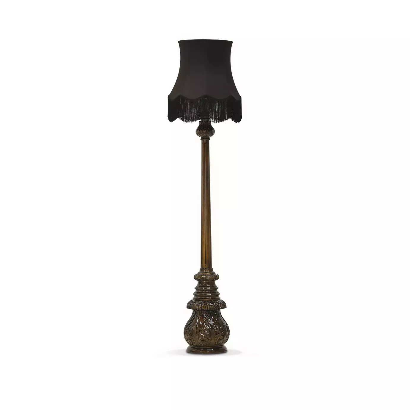 Elegant Lotus Floor Lamp with an ornate sculpted base in brown tones, a decorative vertical stem, and a black lampshade with fringe details.