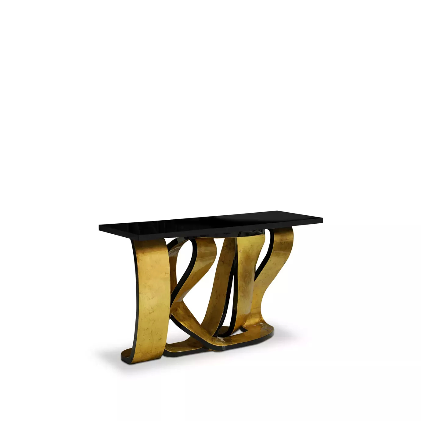 Slight side vision of the Ribbon Broken Gold Leaf Console, showcasing its luxurious twisted metal ribbon base with a golden finish and the black lacquer tabletop.
