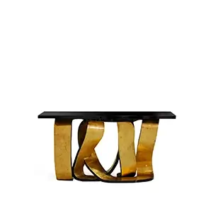 With a black lacquer tabletop, the Ribbon Broken Gold Leaf Console features a twisted metal ribbon base with a golden finish, giving the piece an artistic and luxurious feel.