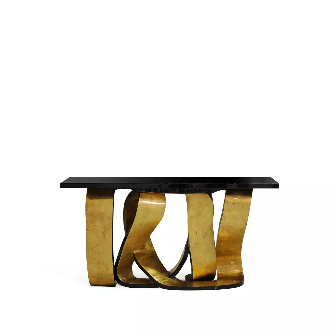 With a black lacquer tabletop, the Ribbon Broken Gold Leaf Console features a twisted metal ribbon base with a golden finish, giving the piece an artistic and luxurious feel.