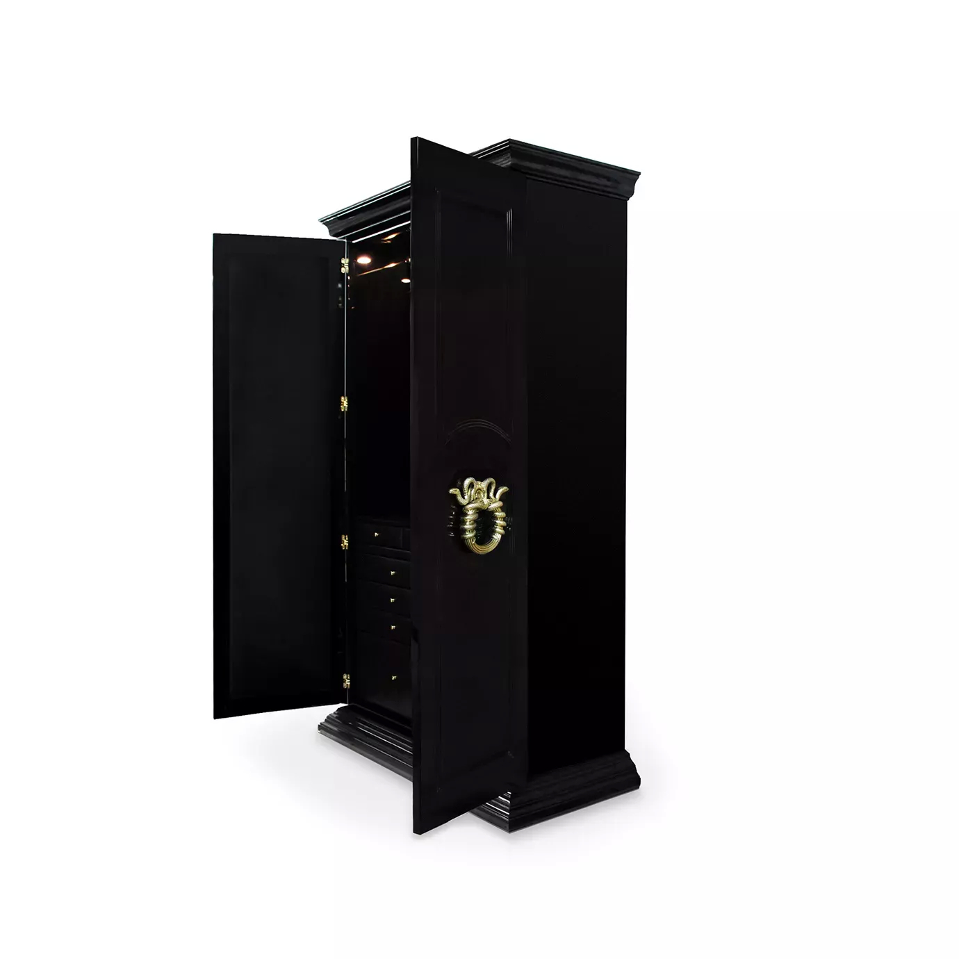 Detail view of luxury Parisian armoire with gold frame and black high-gloss doors