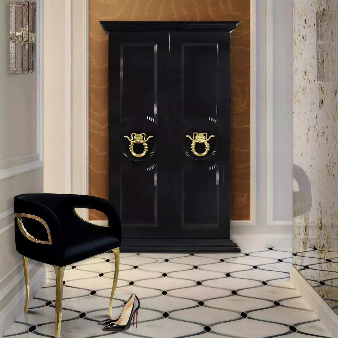 Luxury furniture with Parisian Armoire and Chandra Chair in an elegant interior.